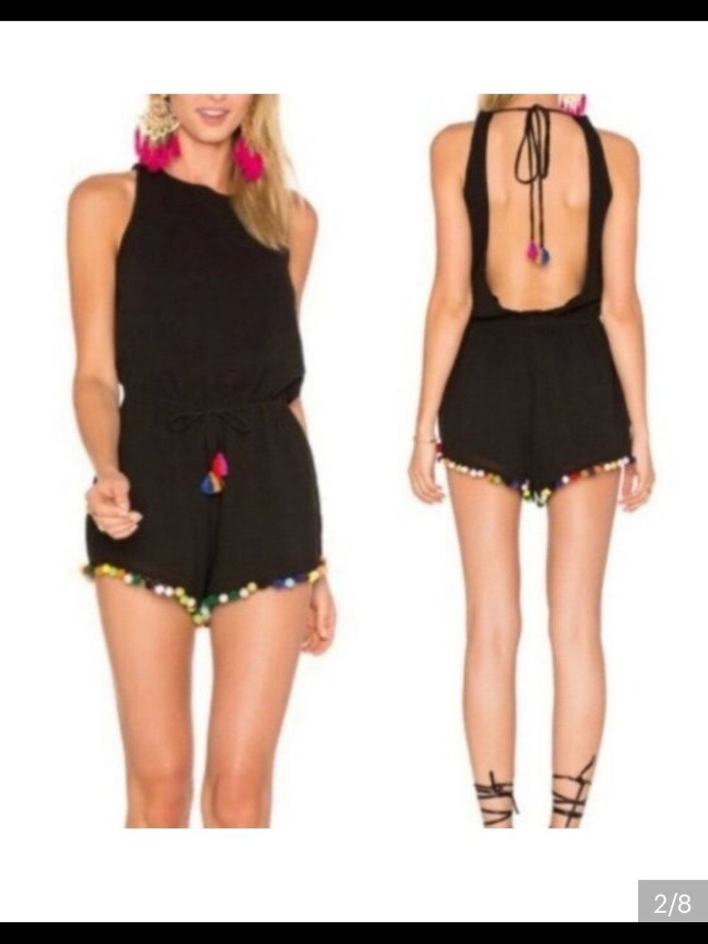 MAJORELLE Black Pier Romper With Pompoms
